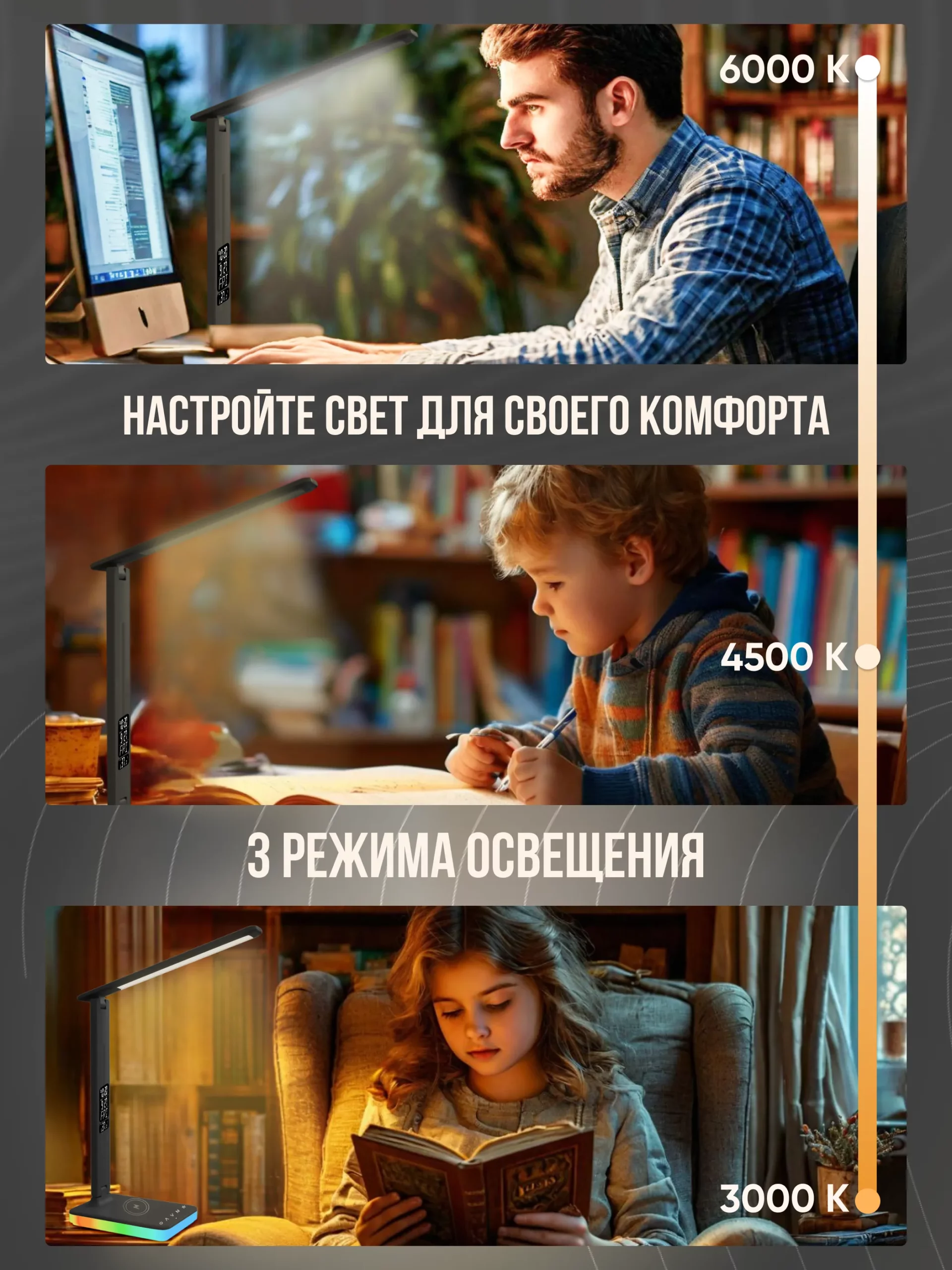 Led лампа настольная светодиодная для дома и офиса, арт. L7Pro, цвет черный — изображение 4
